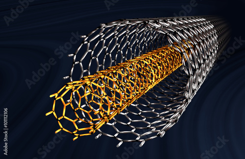 Straight Carbon Nanotubes, White and Orange Tubes, Dark Blue Background photo
