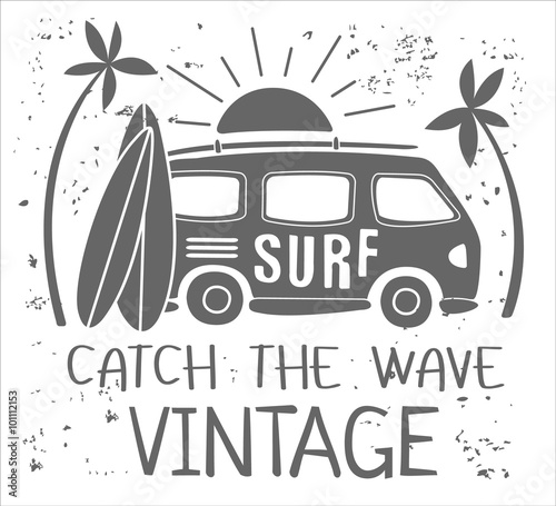 Summer Surf Print with a Mini Van, Palm Trees and Lettering. Vector Illustartion