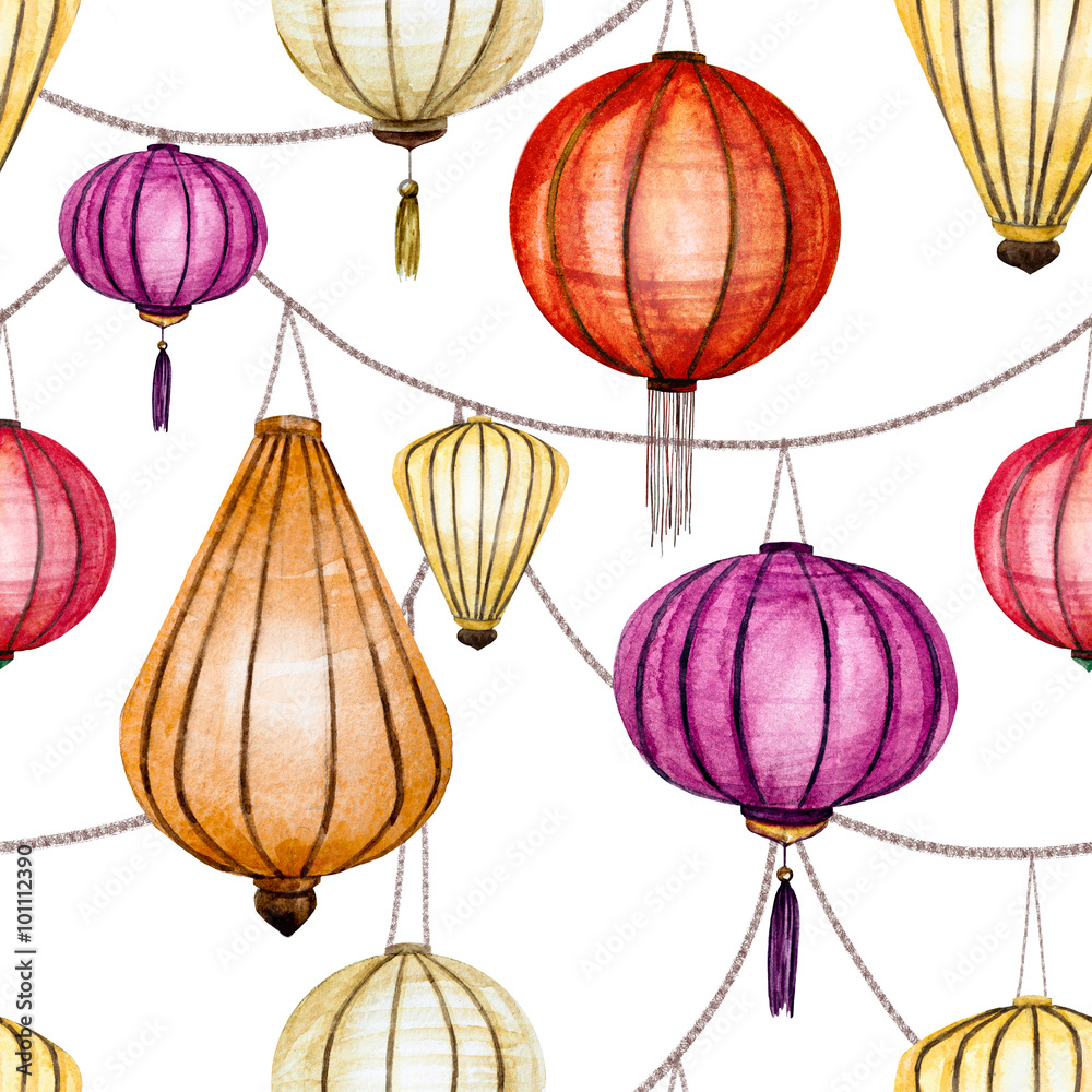 Fototapeta premium Watercolor raster seamless chinese pattern