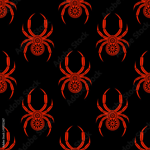 Wallpaper Mural Seamless vector pattern with insects, symmetrical background with bright decorative red closeup spiders, over black backdrop. Series of Animals and Insects Seamless Patterns. Torontodigital.ca