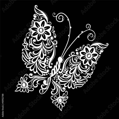 beautiful monochrome black and white butterfly.  tattoo design or mehandi.