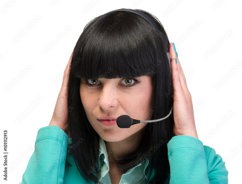 Support phone operator in headset, isolated on white Support phone operator in headset, isolated on white
