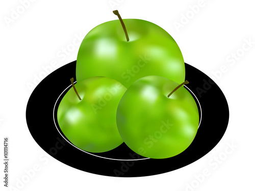 green apples on a plate isolated on white background 