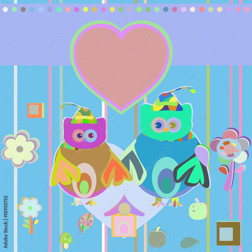 happy owl set, holiday invitation card, vector illustration