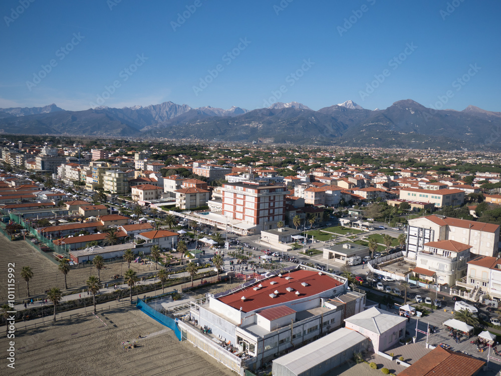 Aerial view of the beach of Lido di camaiore in tuscany in winte