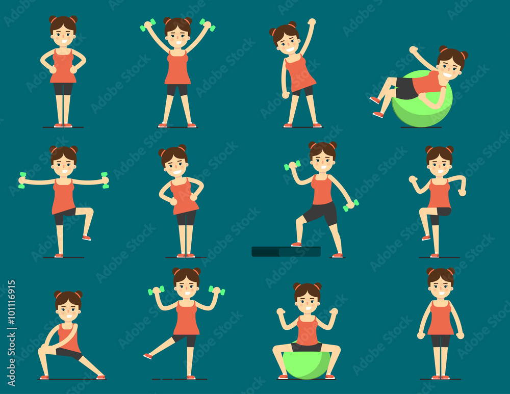 Young girl plays sports. Beautiful body. Set Exercise, morning exercise, stretching, step, fitball. Gymnastics, weight loss. Healthy lifestyle. Fit, athletic, activity, weights, gymnasium. Fitnes icon
