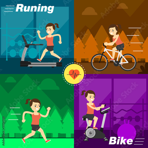Aerobic exercise, running on treadmill, cycling, jogging on the street, riding on the ellipsoid. Gymnastics, weight loss, weight loss. Healthy lifestyle. Fit, athletic, activity, weights, gymnasium.