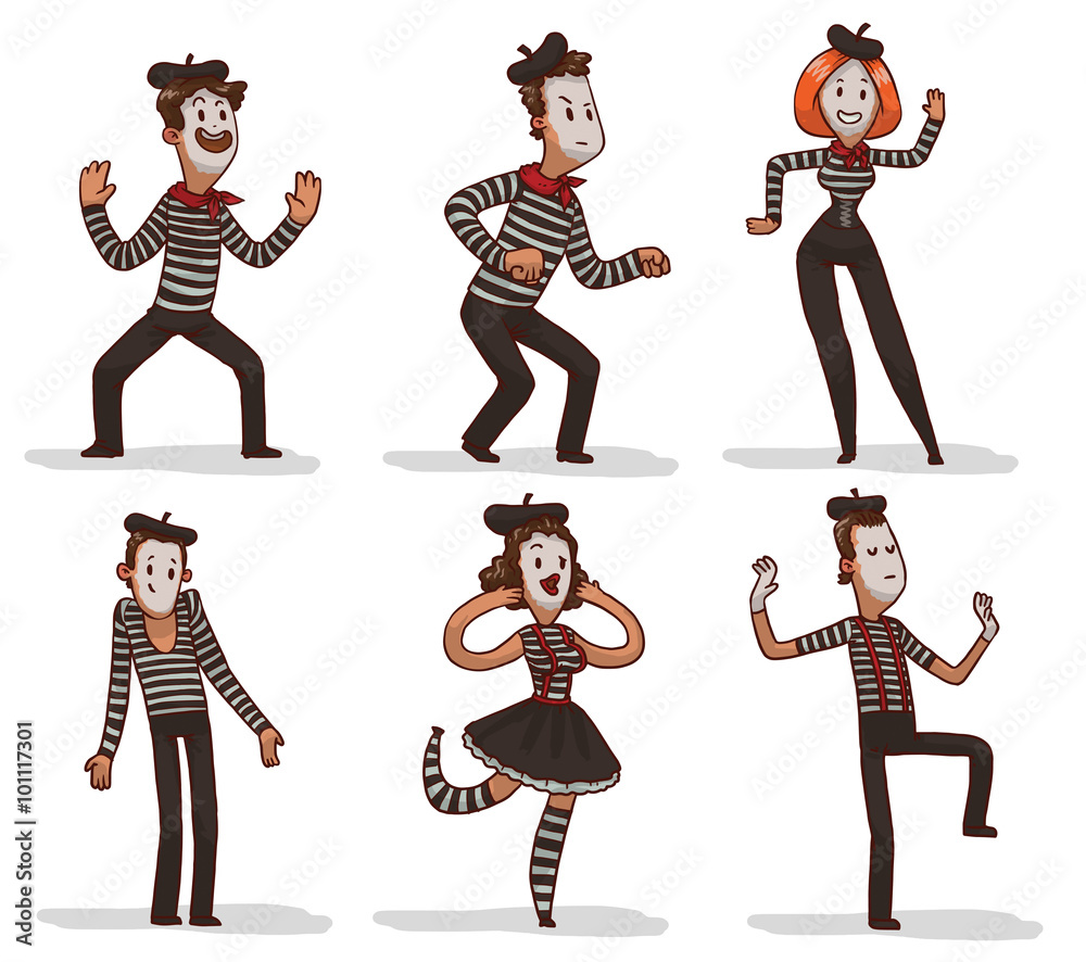 Vector set of funny cartoon mimes, they standing in typical poses, all they  have traditional makeup and wearing traditional mimes clothes with stripes  on a light background. Vector illustration. Stock Vector |
