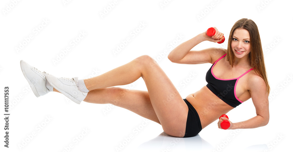 Happy athletic woman with dumbbells doing sport exercise, isolat Happy athletic woman with dumbbells doing sport exercise, isolat