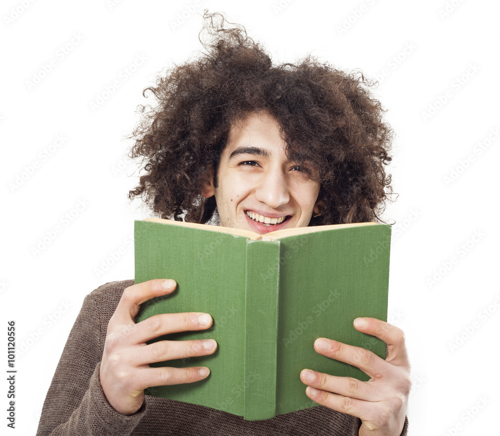 Young man reading book on white background Young man reading book on white background