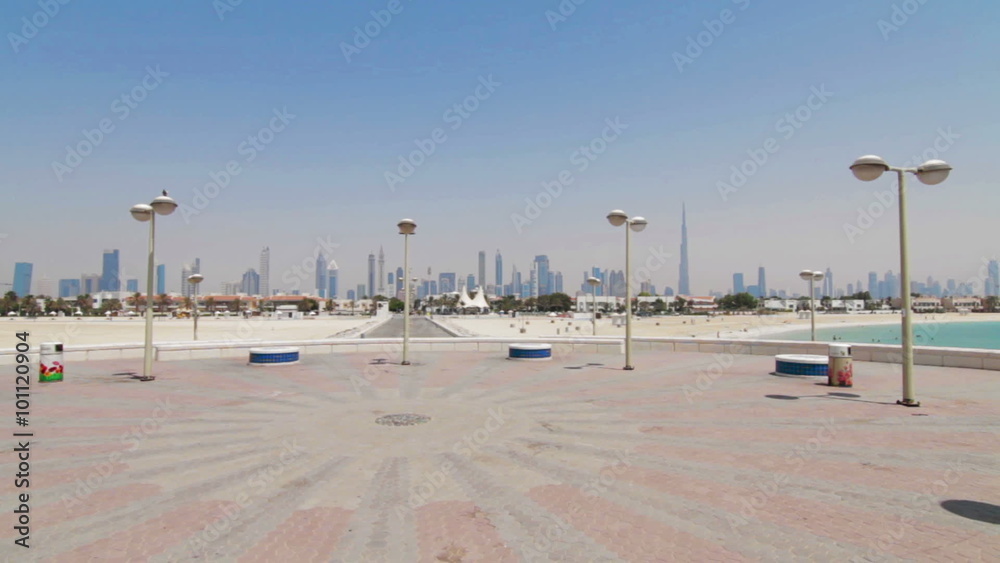 Empty sights of Dubai. Quarantine introduced in Dubai due to coronavirus. Scenic view of the Dubai skyline from beach Empty sights of Dubai. Quarantine introduced in Dubai due to coronavirus. Scenic view of the Dubai skyline from beach