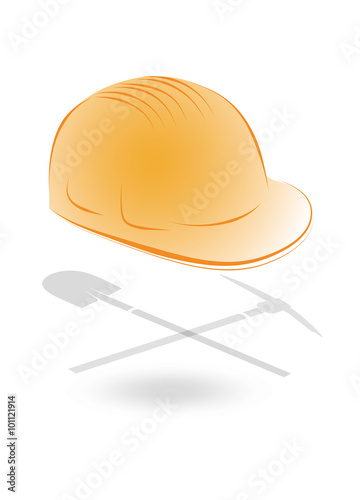 Ein Bauarbeiter Helm mit einer Hacke und einer Schaufel