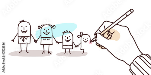 designer hand drawing a cartoon family