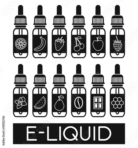 Icons of  E-Liquid. Vector E-Liquid illustration of different flavor.Liquid to vape. The taste of the electronic cigarette