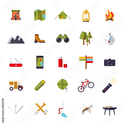 Isolated Flat Design Camping and Outdoor Pursuits Icon Set photo