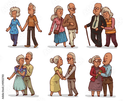 Vector cartoon image of six different cute older couples in different clothes and in different poses on a white background. Done in cute hand drawn style. Vector illustration.