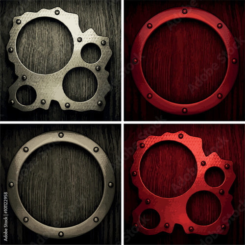 vector pollished metal on wooden background set