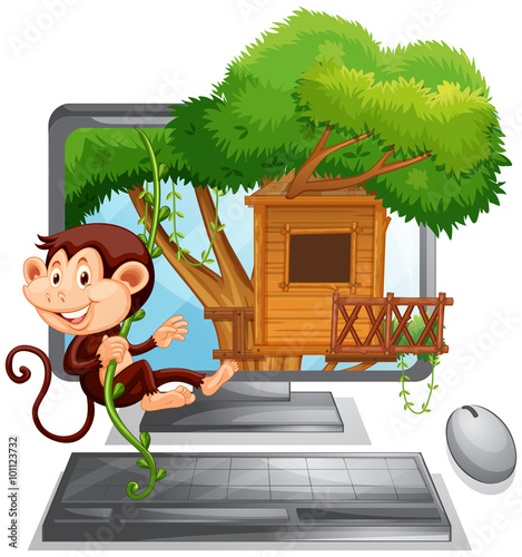 Monkey climbing up the treehouse on computer screen