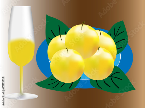 
yellow apples on a plate and Apple juice isolated on white background
