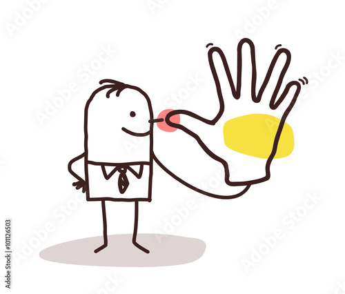 cartoon man making a snub hand sign