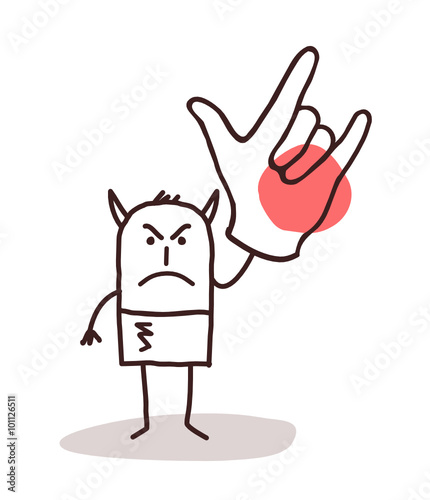 cartoon devil man with big hand sign