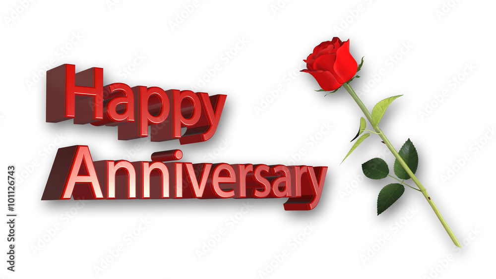 Happy Anniversary message with red rose isolated on white background ...