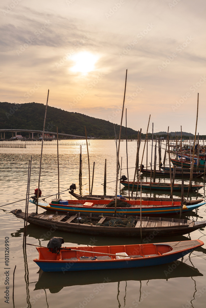 Fishing boat on the sea at sunset. Thailand.