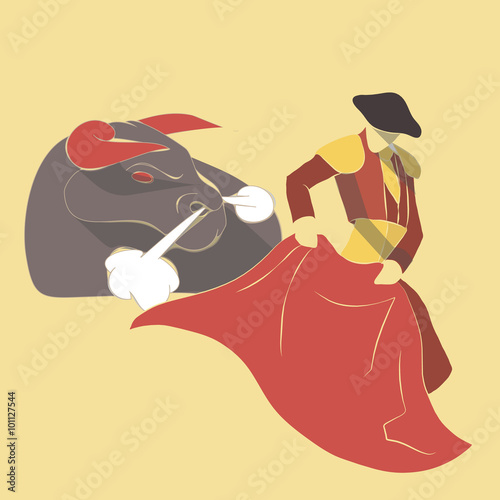 Vector illustration long shadow flat icon of bull fight