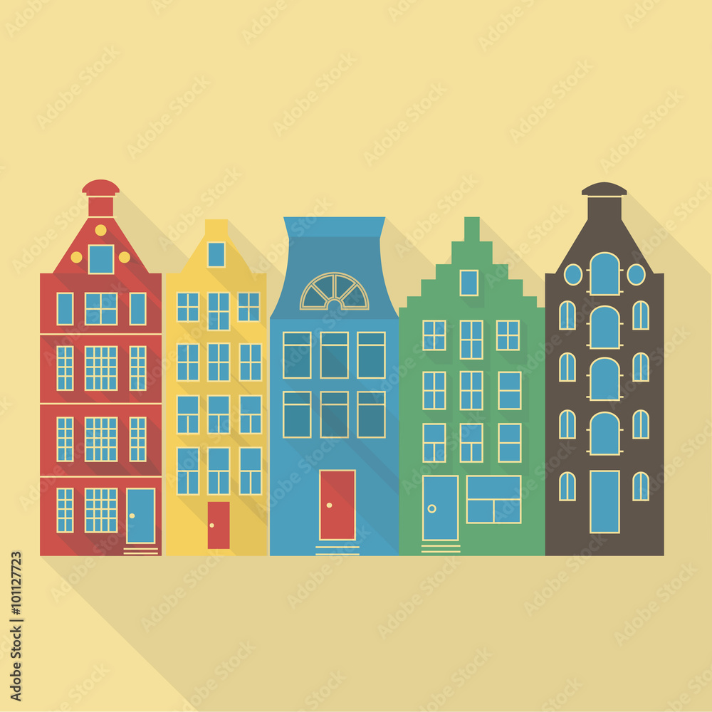 Vector illustration long shadow flat icon of amsterdam houses