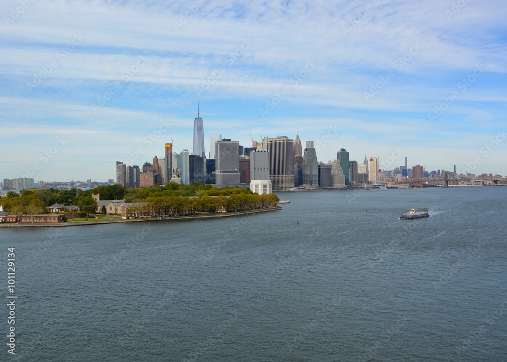 view across the Brooklyn harbor towards New York city skyline, NY USA