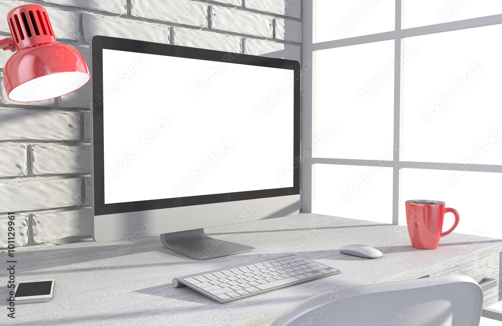 Fototapeta premium 3D illustration PC screen on table in office, Workspace
