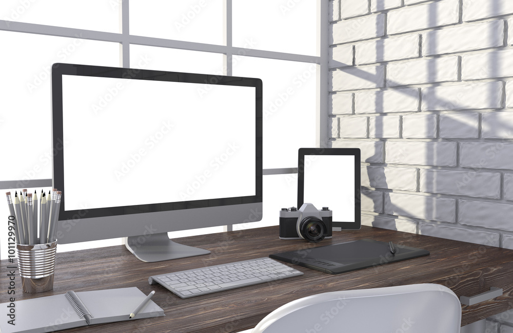 Fototapeta premium 3D illustration PC screen on table in office, Workspace