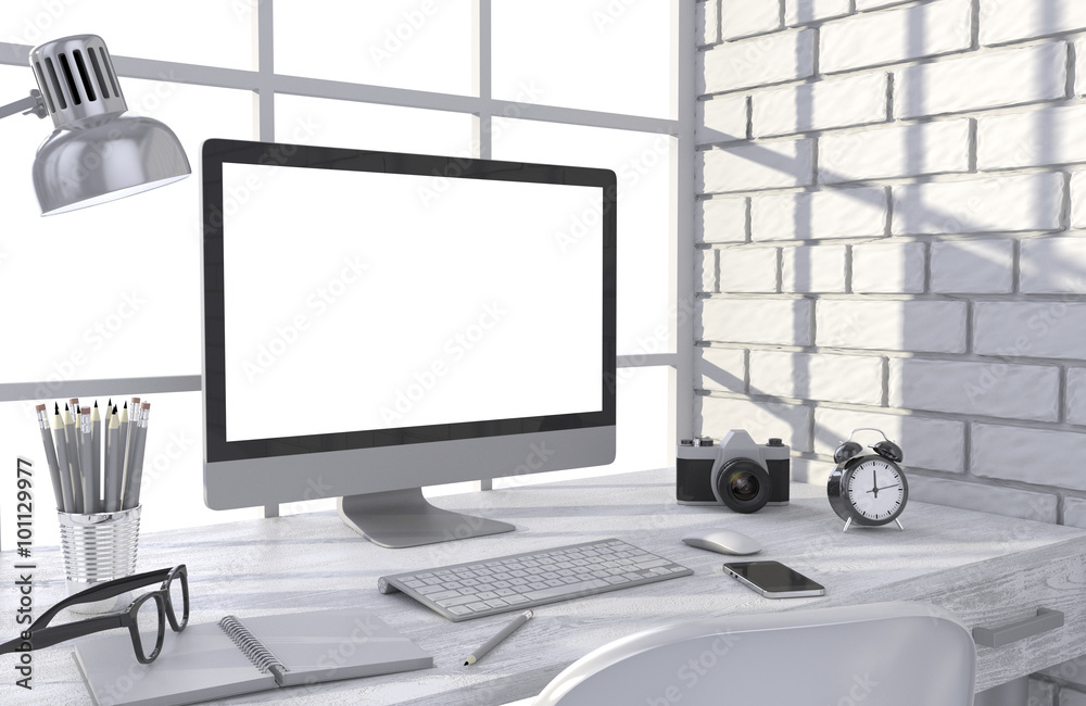 3D illustration PC screen on table in office, Workspace 3D illustration PC screen on table in office, Workspace