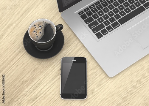 Laptop smartphone and coffee cup