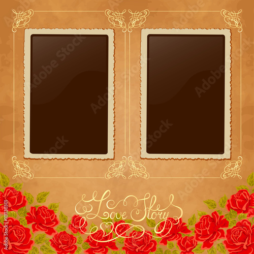 Page of photo album. Vintage background with old paper, photoframe, and red roses.