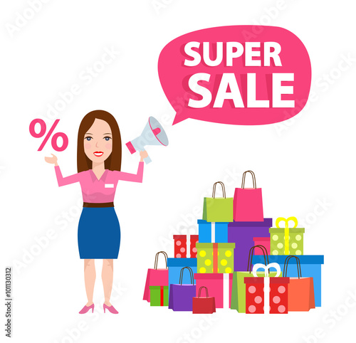 super sale.sales woman with megaphone and percent sign purchases shopping bags gift boxes isolated on white background. shopping sale concept illustration.