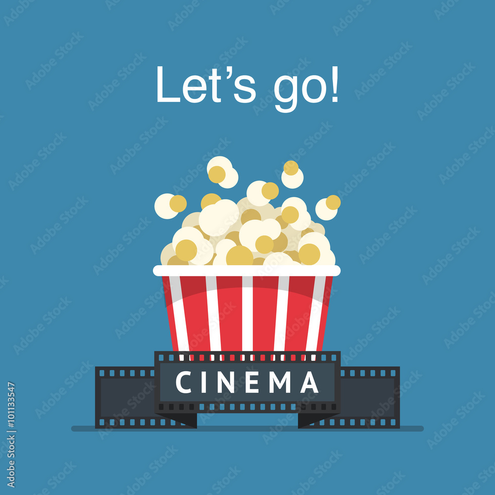 Obraz premium Let's go to the cinema! Popcorn box and film strip. Cinema Poster Design Template.