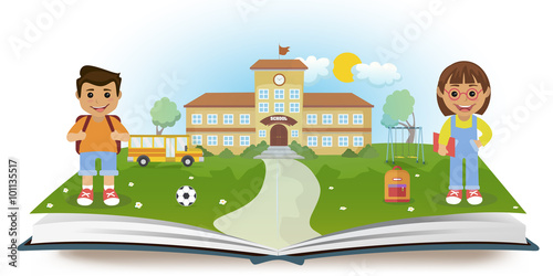 Opened book with school and two children