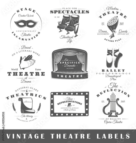Set of theatre labels. Elements for design on the theatre theme. Collection of theatre symbols: stage, mask, curtain. Modern labels of theatre. Emblems and logos of theatre. Vector illustration
