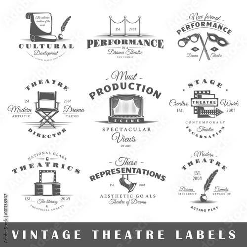 Set of theatre labels. Elements for design on the theatre theme. Collection of theatre symbols: stage, mask, curtain. Modern labels of theatre. Emblems and logos of theatre. Vector illustration