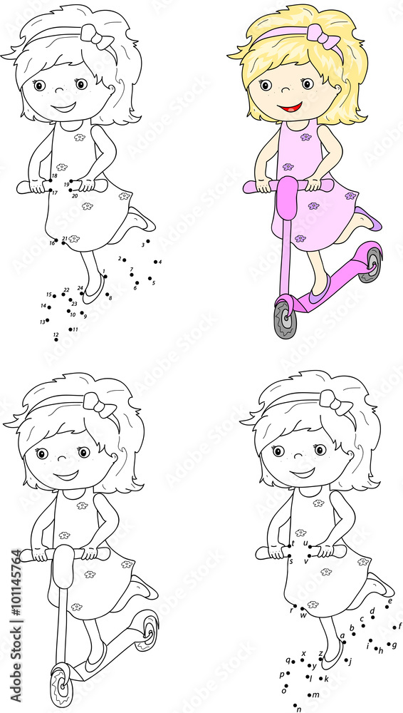 Small cute girl riding a scooter. Vector illustration. Coloring Small cute girl riding a scooter. Vector illustration. Coloring
