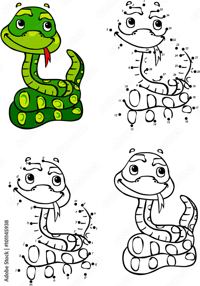 Funny cartoon snake. Vector illustration. Coloring and dot to do Stock  Vector | Adobe Stock