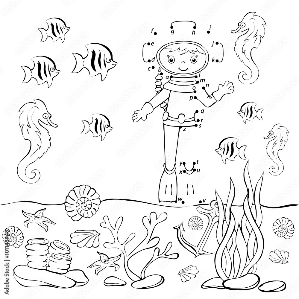 Fototapeta premium Funny cartoon diver in the ocean. Vector illustration. Coloring