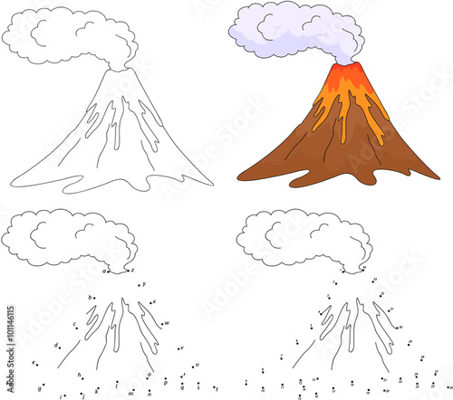 Cartoon erupting volcano. Vector illustration. Coloring and dot