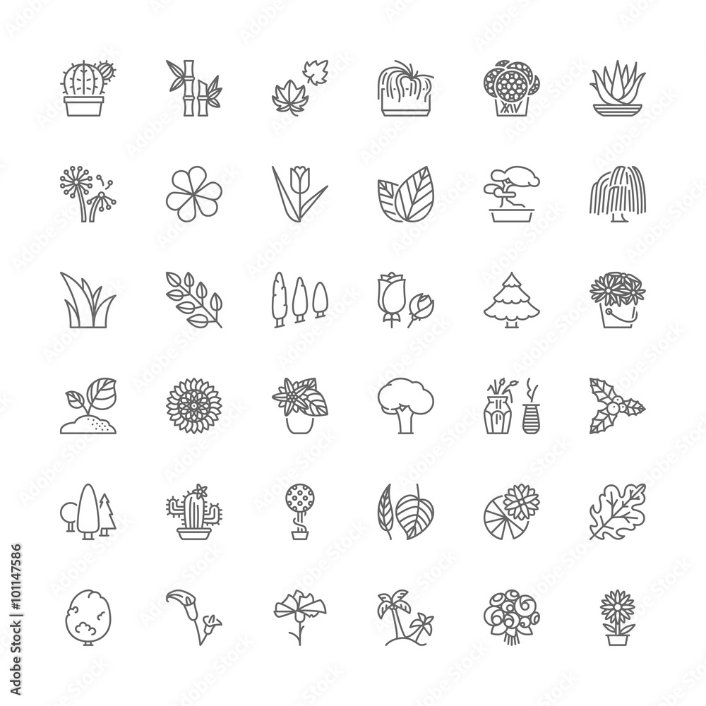 Line icons. Flowers, plants and trees