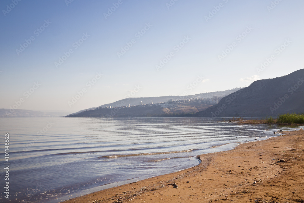Fototapeta premium Sea of Galilee with the mountains of Jordan on the horizon, Israel