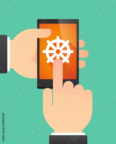 Man using a phone showing a dharma chakra sign