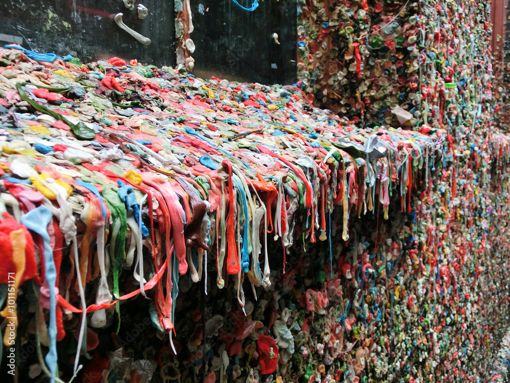 Lots of colorful used chewing gum on a window sill - landscape photo  фотография Stock | Adobe Stock