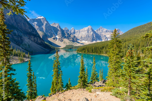 Majestic mountain lake in Canada. Moraine Lake in Alberta, Canada.