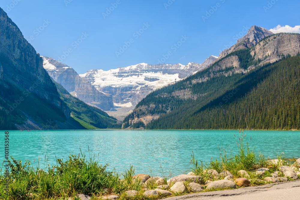 Majestic mountain lake in Canada. Louise Lake view in Banff, Alberta, Canada. Rocky Mountains.